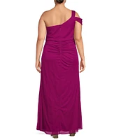 Alex Evenings Plus Size Sleeveless One Cold Shoulder Sleeveless Front Slit Mesh Ruched Back Detail A-Line Gown