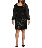 Alex Evenings Plus Size Square Neck Long Illusion Sleeve Sequin Sheath Dress