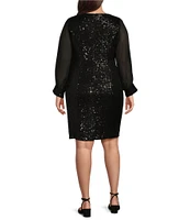 Alex Evenings Plus Size Square Neck Long Illusion Sleeve Sequin Sheath Dress