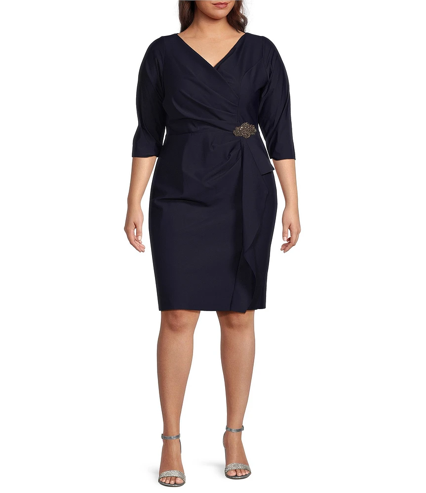 Alex Evenings Plus Size Stretch Jersey Surplice V-Neck 3/4 Sleeve Beaded Ruffle Cascade Sheath Dress