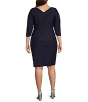 Alex Evenings Plus Size Stretch Jersey Surplice V-Neck 3/4 Sleeve Beaded Ruffle Cascade Sheath Dress