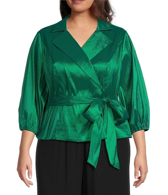 Alex Evenings Plus Size Stretch Taffeta Collared V-Neck 3/4 Balloon Sleeve Tie Sash Wrap Top