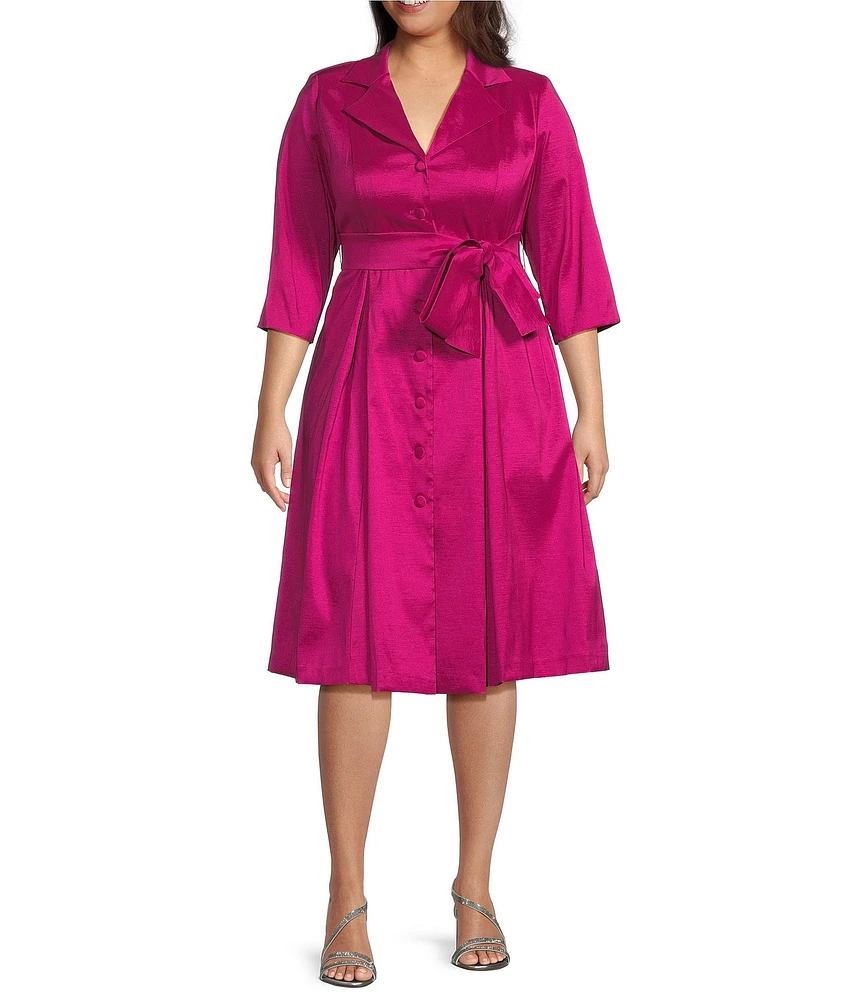 Alex Evenings Plus Size Stretch Taffeta Collared V-Neck 3/4 Sleeve Tie Sash Belt A-Line Midi Dress