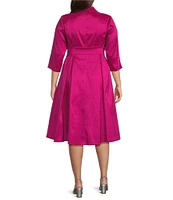 Alex Evenings Plus Size Stretch Taffeta Collared V-Neck 3/4 Sleeve Tie Sash Belt A-Line Midi Dress
