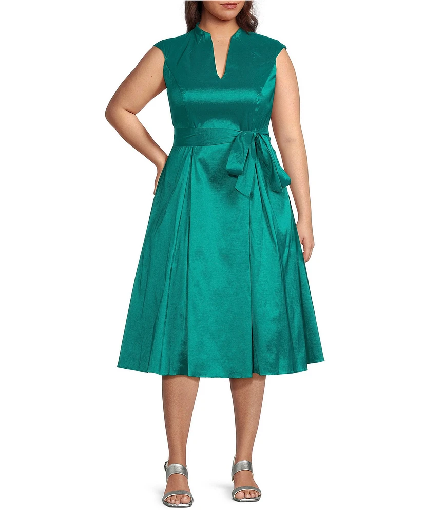Alex Evenings Plus Size Stretch Taffeta V-Neck Cap Sleeve Tie Sash A-Line Midi Dress