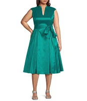 Alex Evenings Plus Size Stretch Taffeta V-Neck Cap Sleeve Tie Sash A-Line Midi Dress