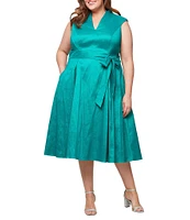 Alex Evenings Plus Size Stretch Taffeta V-Neck Cap Sleeve Tie Sash A-Line Midi Dress