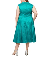 Alex Evenings Plus Size Stretch Taffeta V-Neck Cap Sleeve Tie Sash A-Line Midi Dress