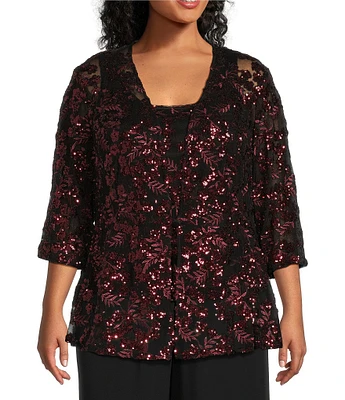 Alex Evenings Plus Size Stretch Tulle Scoop Neck 3/4 Sleeve Embroidered Sequin 2-Piece Twinset