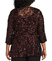 Alex Evenings Plus Size Stretch Tulle Scoop Neck 3/4 Sleeve Embroidered Sequin 2-Piece Twinset