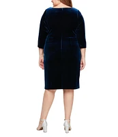 Alex Evenings Plus Size Stretch Velvet Surplice V-Neck 3/4 Sleeve Embellished Ruffle Cascade Sheath Dress