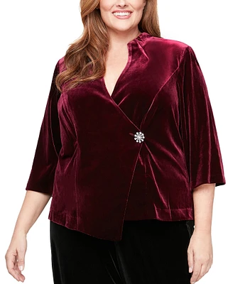 Alex Evenings Plus Size Stretch Velvet V-Neck 3/4 Sleeve Asymmetrical Hem Blouse