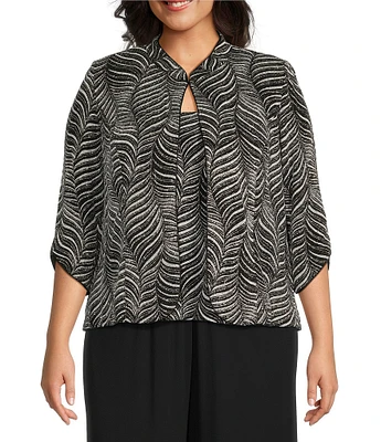 Alex Evenings Plus Size Zebra Metallic Knit Mandarin Neck 3/4 Sleeve Twin Set