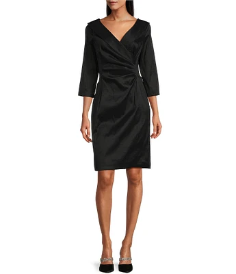 Alex Evenings Portrait Collar 3/4 Sleeve Ruched Waist Stretch Taffeta Sheath Cocktail Dress