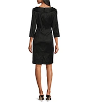 Alex Evenings Portrait Collar 3/4 Sleeve Ruched Waist Stretch Taffeta Sheath Cocktail Dress