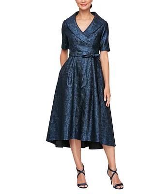 Alex Evenings Portrait Collar Dress Short Sleeve Tie Waist Jacquard Fit And Flare Dress