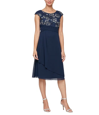 Alex Evenings Printed Stretch Tulle Scoop Neck Cap Sleeves Empire Bodice Cascade A-Line Dress