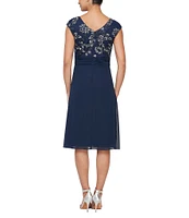 Alex Evenings Printed Stretch Tulle Scoop Neck Cap Sleeves Empire Bodice Cascade A-Line Dress