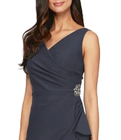 Alex Evenings Surplice V-Neck Sleeveless Ruched Brooch Sheath Dress