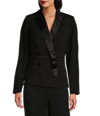 Alex Evenings Satin Collar V-Neck Long Sleeve Crepe Tuxedo Blouse