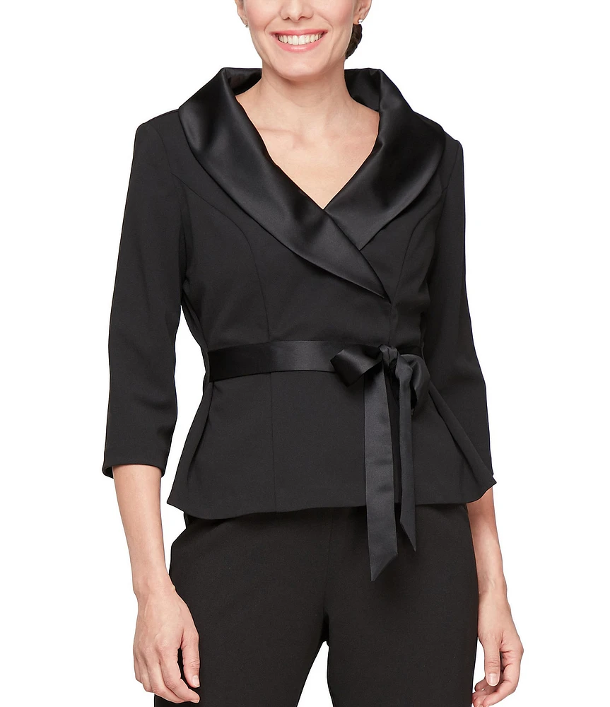 Alex Evenings Satin Collared V Neck 3/4 Sleeve Tie Waist Crepe Blouse