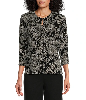 Alex Evenings Scoop Neck 3/4 Sleeve Glitter Floral Paisley Printed Twinset