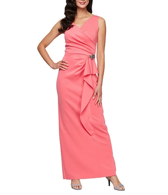 Alex Evenings Scuba Crepe V Neck Sleeveless Beaded Hip Detail Cascading Ruffle Gown