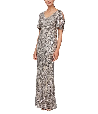 Alex Evenings Floral Sequin Cold Shoulder Short Flutter Sleeve V-Neck Sheath Long Gown