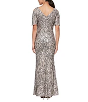 Alex Evenings Floral Sequin Cold Shoulder Short Flutter Sleeve V-Neck Sheath Long Gown