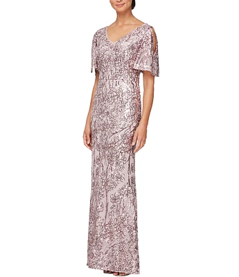 Alex Evenings Floral Sequin Cold Shoulder Short Flutter Sleeve V-Neck Sheath Long Gown