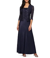 Alex Evenings Sequin Embellished Floral Lace Square Neck A-Line 3/4 Sleeve Satin 2-Piece Jacket Gown