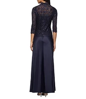 Alex Evenings Sequin Embellished Floral Lace Square Neck A-Line 3/4 Sleeve Satin 2-Piece Jacket Gown