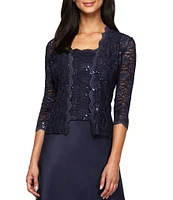 Alex Evenings Sequin Embellished Floral Lace Square Neck A-Line 3/4 Sleeve Satin 2-Piece Jacket Gown