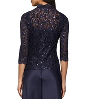 Alex Evenings Sequin Embellished Floral Lace Square Neck A-Line 3/4 Sleeve Satin 2-Piece Jacket Gown