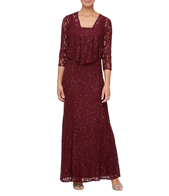 Alex Evenings Sequin Lace Scoop Neck 3/4 Sleeve A-Line 2-Piece Jacket Gown