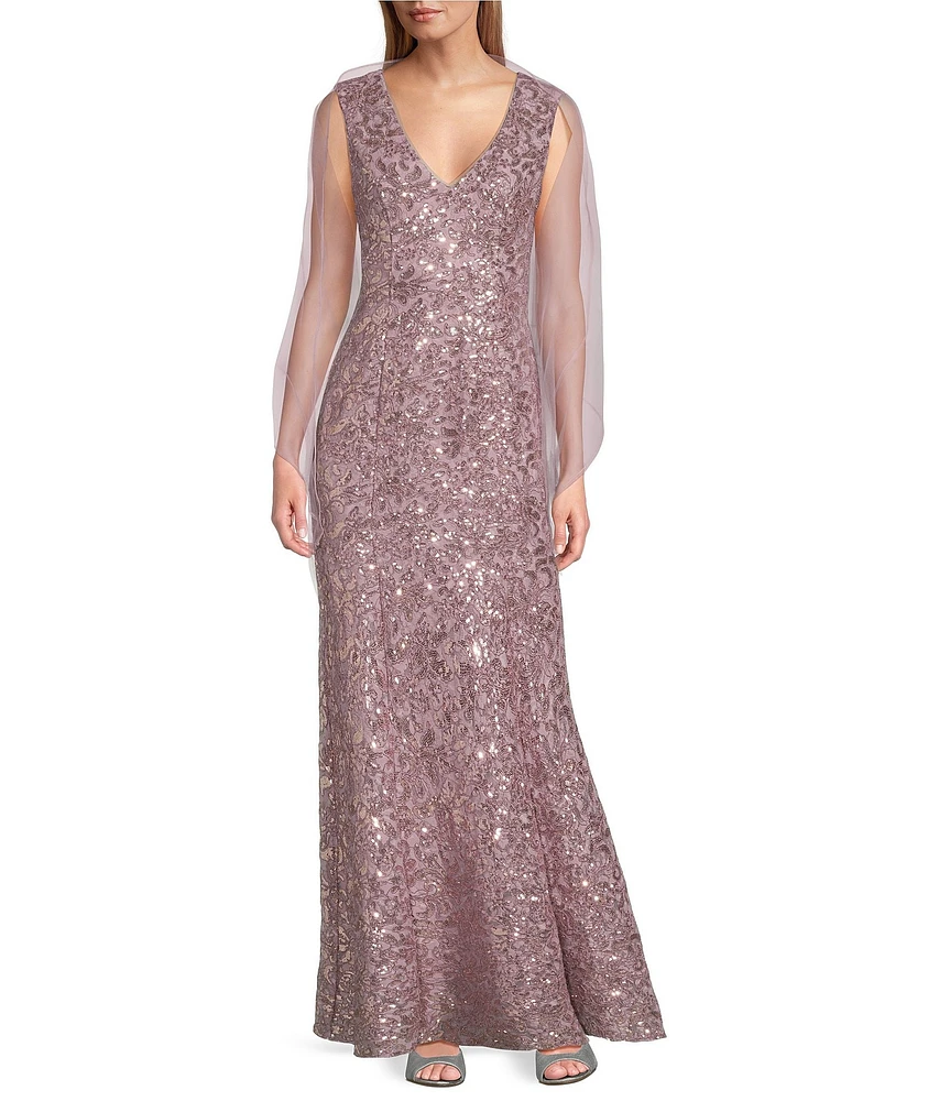 Alex Evenings Sequin Lace V Neck Sleeveless Sheath Gown