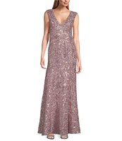 Alex Evenings Sequin Lace V Neck Sleeveless Sheath Gown
