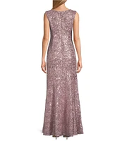 Alex Evenings Sequin Lace V Neck Sleeveless Sheath Gown