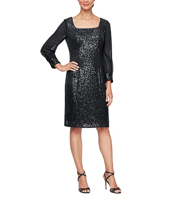 Alex Evenings Sequin Square Neck 3/4 Illusion Sleeve Sheath Dress