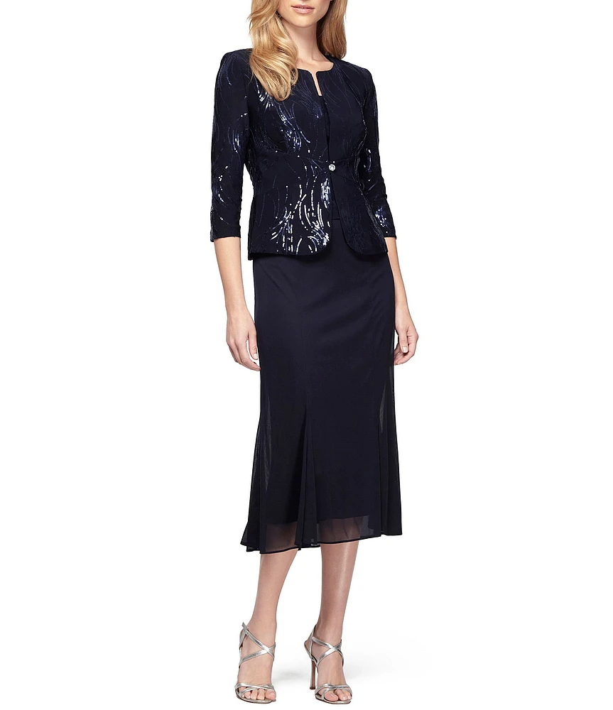 Alex Evenings Square Neck 3/4 Sleeve Sequin Waves 2-Piece Midi Jacket Dress