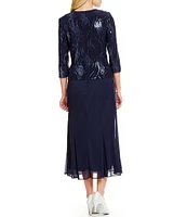 Alex Evenings Square Neck 3/4 Sleeve Sequin Waves 2-Piece Midi Jacket Dress