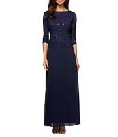 Alex Evenings 3/4 Sleeve Sequined Lace Crew Neck Scalloped Bodice Chiffon Skirted Gown