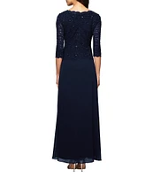 Alex Evenings 3/4 Sleeve Sequined Lace Crew Neck Scalloped Bodice Chiffon Skirted Gown