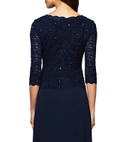 Alex Evenings 3/4 Sleeve Sequined Lace Crew Neck Scalloped Bodice Chiffon Skirted Gown