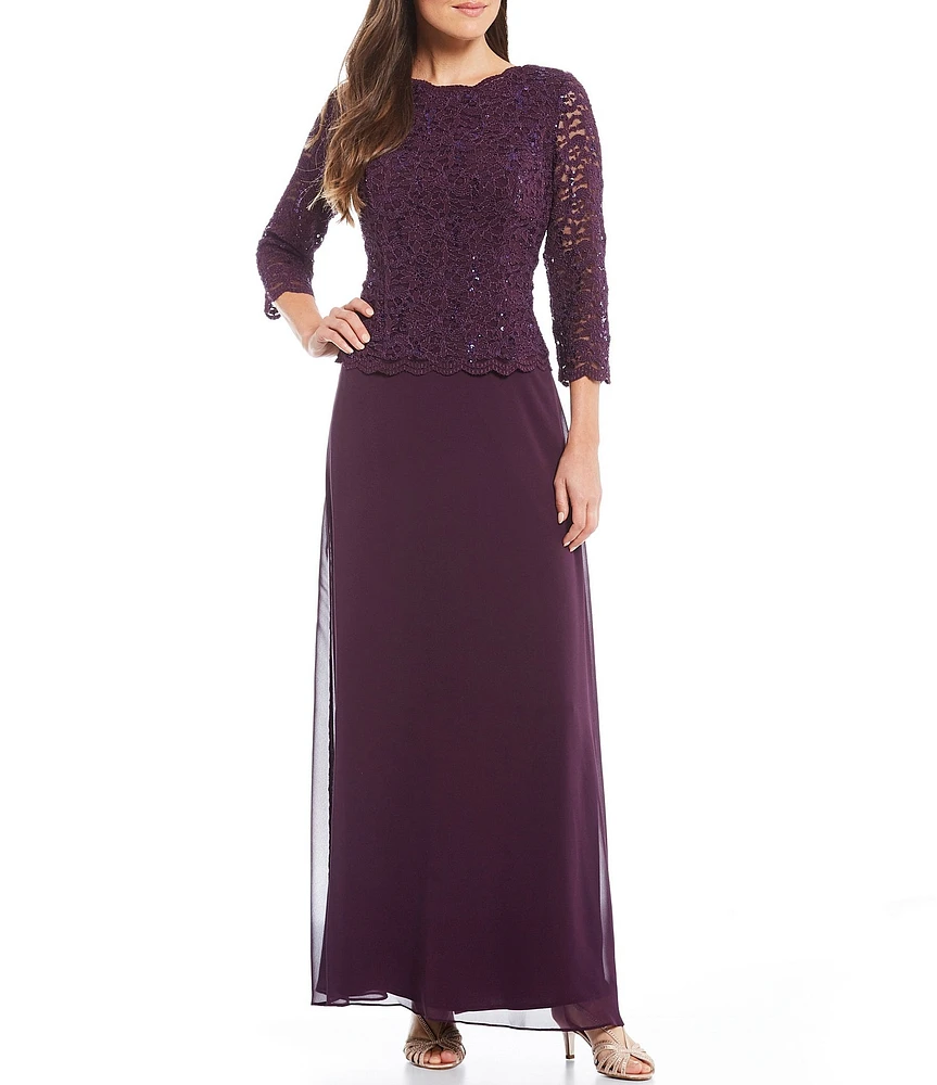 Alex Evenings 3/4 Sleeve Sequined Lace Crew Neck Scalloped Bodice Chiffon Skirted Gown