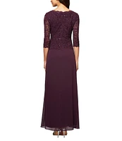 Alex Evenings 3/4 Sleeve Sequined Lace Crew Neck Scalloped Bodice Chiffon Skirted Gown