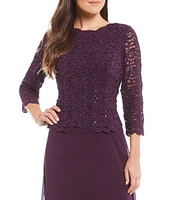 Alex Evenings 3/4 Sleeve Sequined Lace Crew Neck Scalloped Bodice Chiffon Skirted Gown