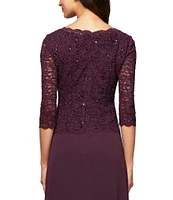 Alex Evenings 3/4 Sleeve Sequined Lace Crew Neck Scalloped Bodice Chiffon Skirted Gown