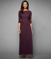 Alex Evenings 3/4 Sleeve Sequined Lace Crew Neck Scalloped Bodice Chiffon Skirted Gown