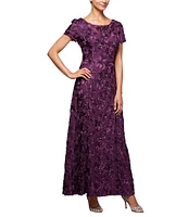 Alex Evenings Sequin Floral Lace Ribbon Rosette Round Neck Short Sleeve Gown